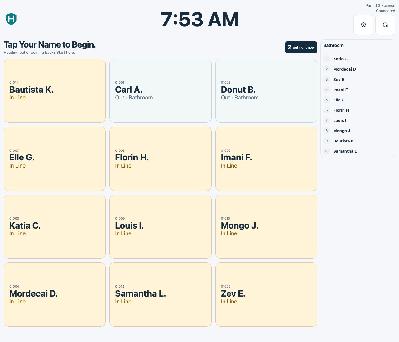 Paired classroom kiosk with twelve fictional students and optional school student IDs